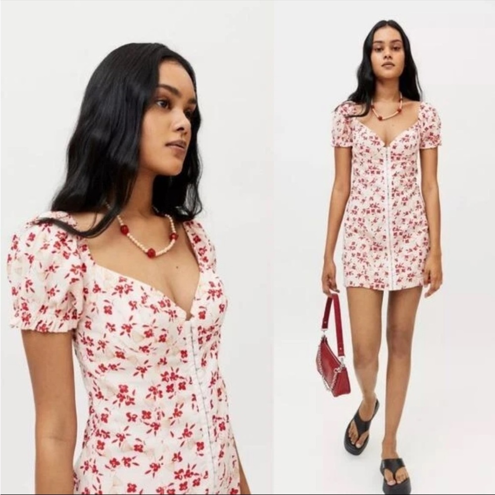 Urban Outfitters Red Pink Puff Sleeve Mini Dress